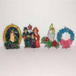 Vtg Set of 4 Faux Stained Glass Heavy Plastic Christmas Ornaments Sun Catchers